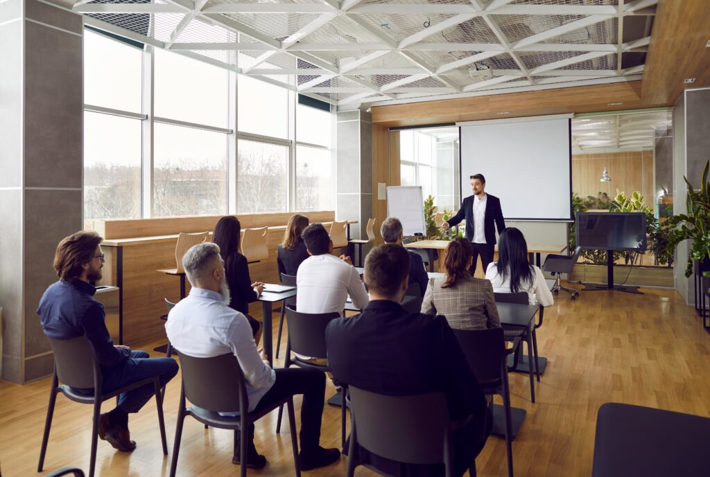 Office workers participating in safety training